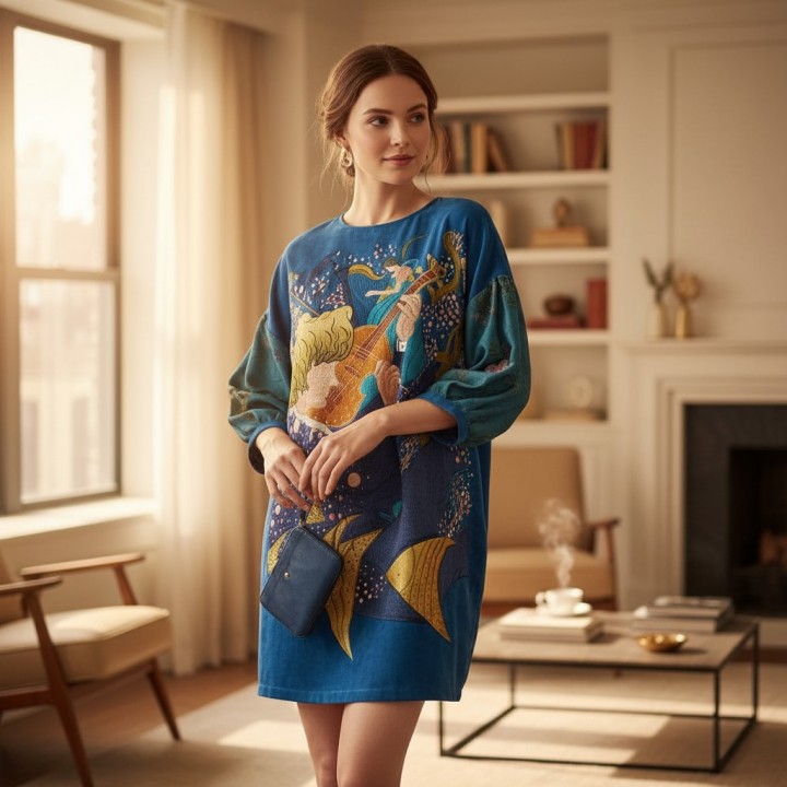  Blue dress with raw-silk sleeve and folk tale embroidery
